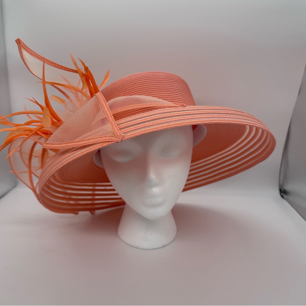 Kentucky Derby Elegant Wide-Brim Feathered Ribbon Sun Hat - Peach